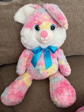 Pastel Multicolor Plush Bunny with Blue Bow